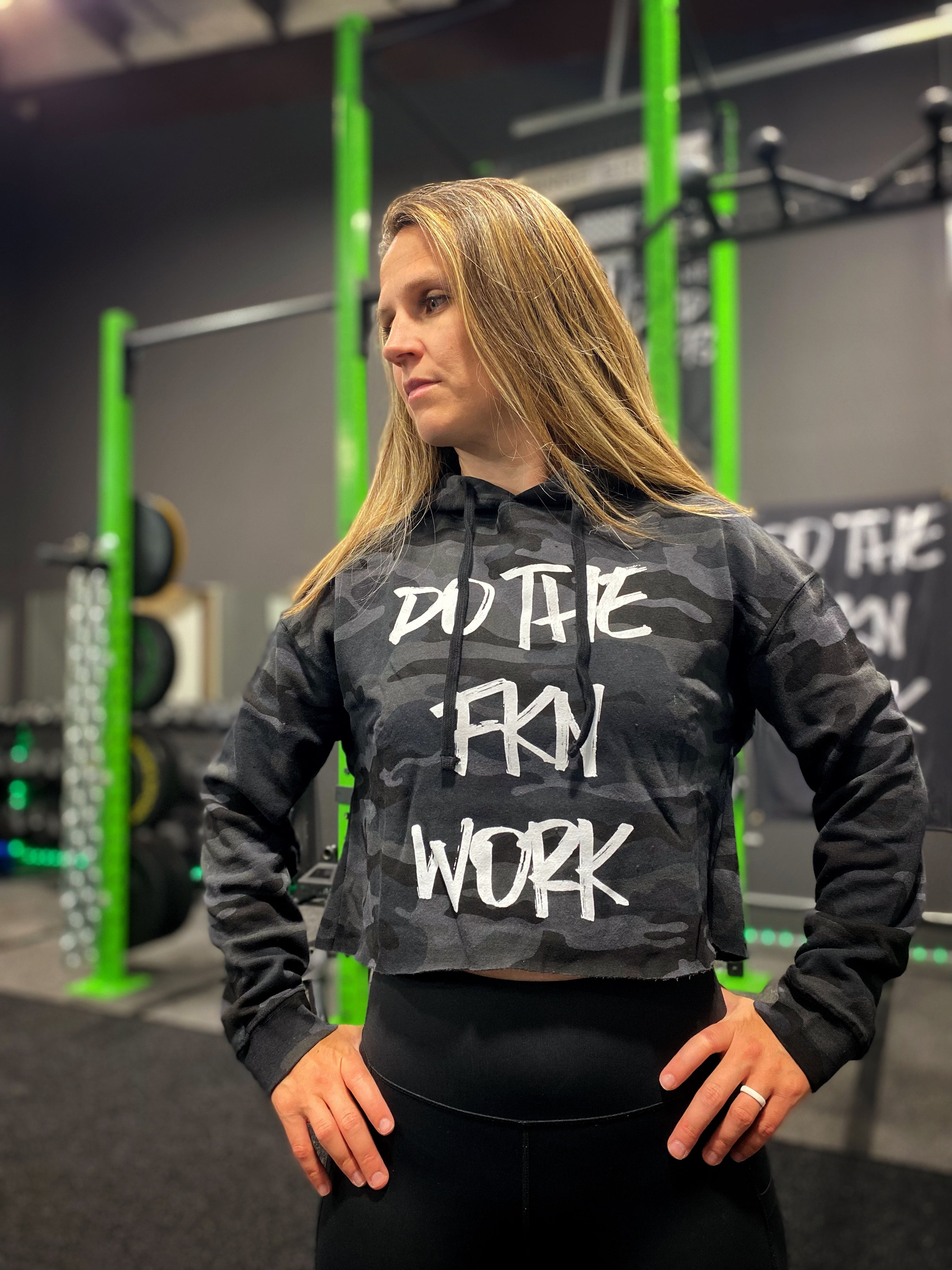 Do the FKN Work Women's Black Camo Crop Hoodie - Dude That Lifts