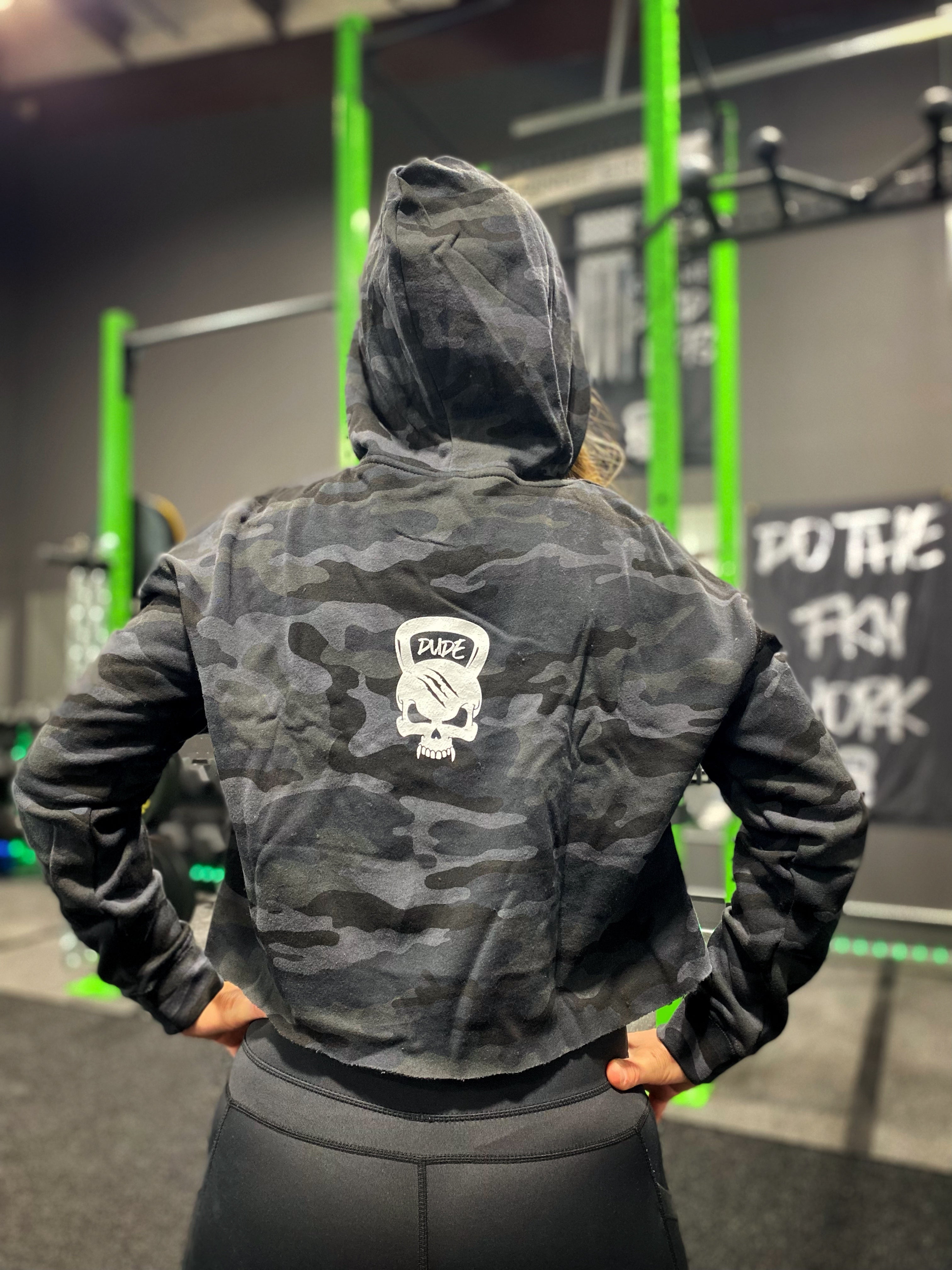 Do the FKN Work Women's Black Camo Crop Hoodie - Dude That Lifts